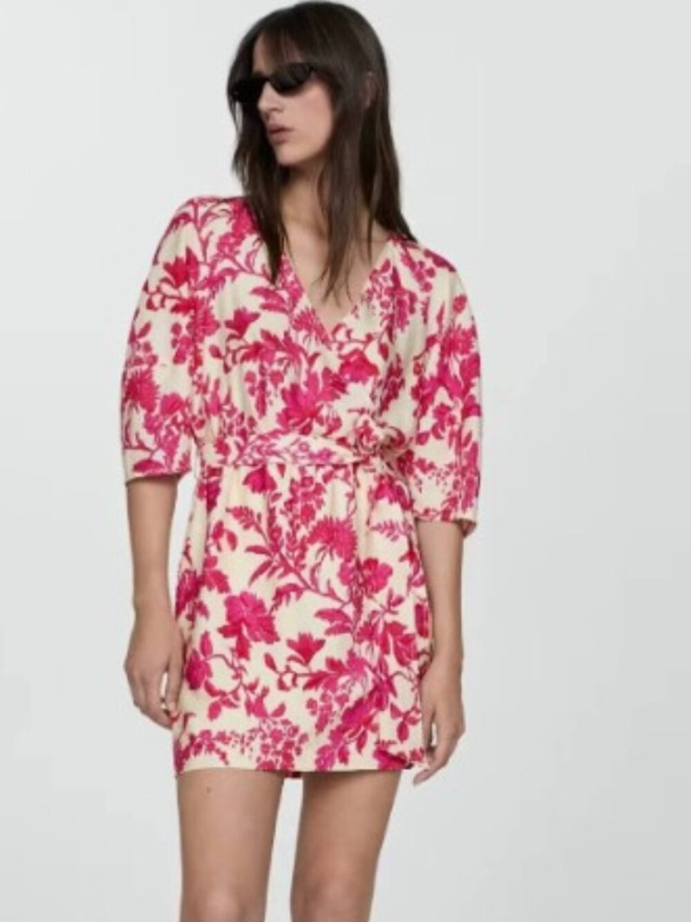 NWT Mango Floral Wrap Mini Dress | Size 6 | Pink & Cream | Belted